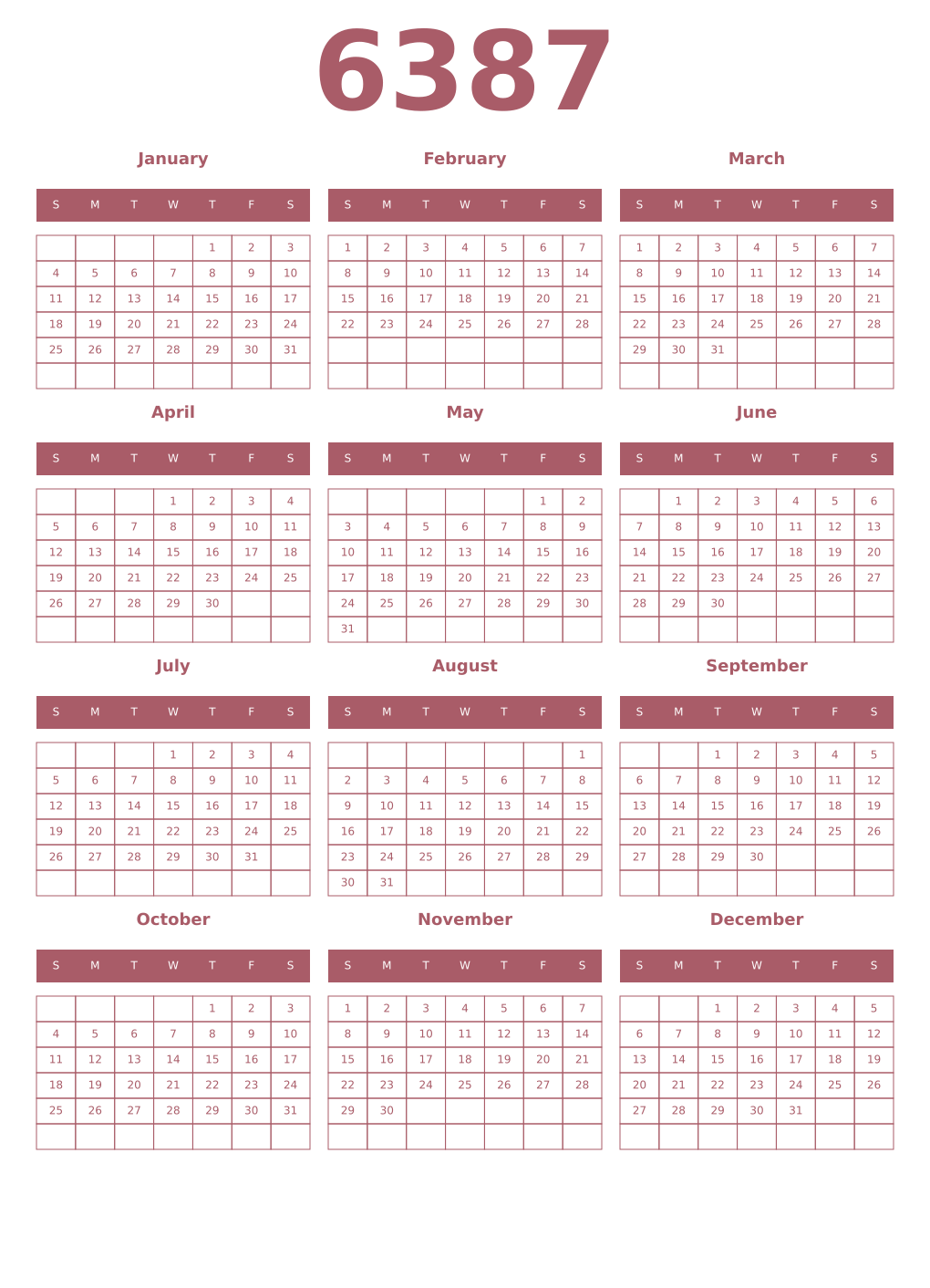 Printable 6387 Year Calendars puce