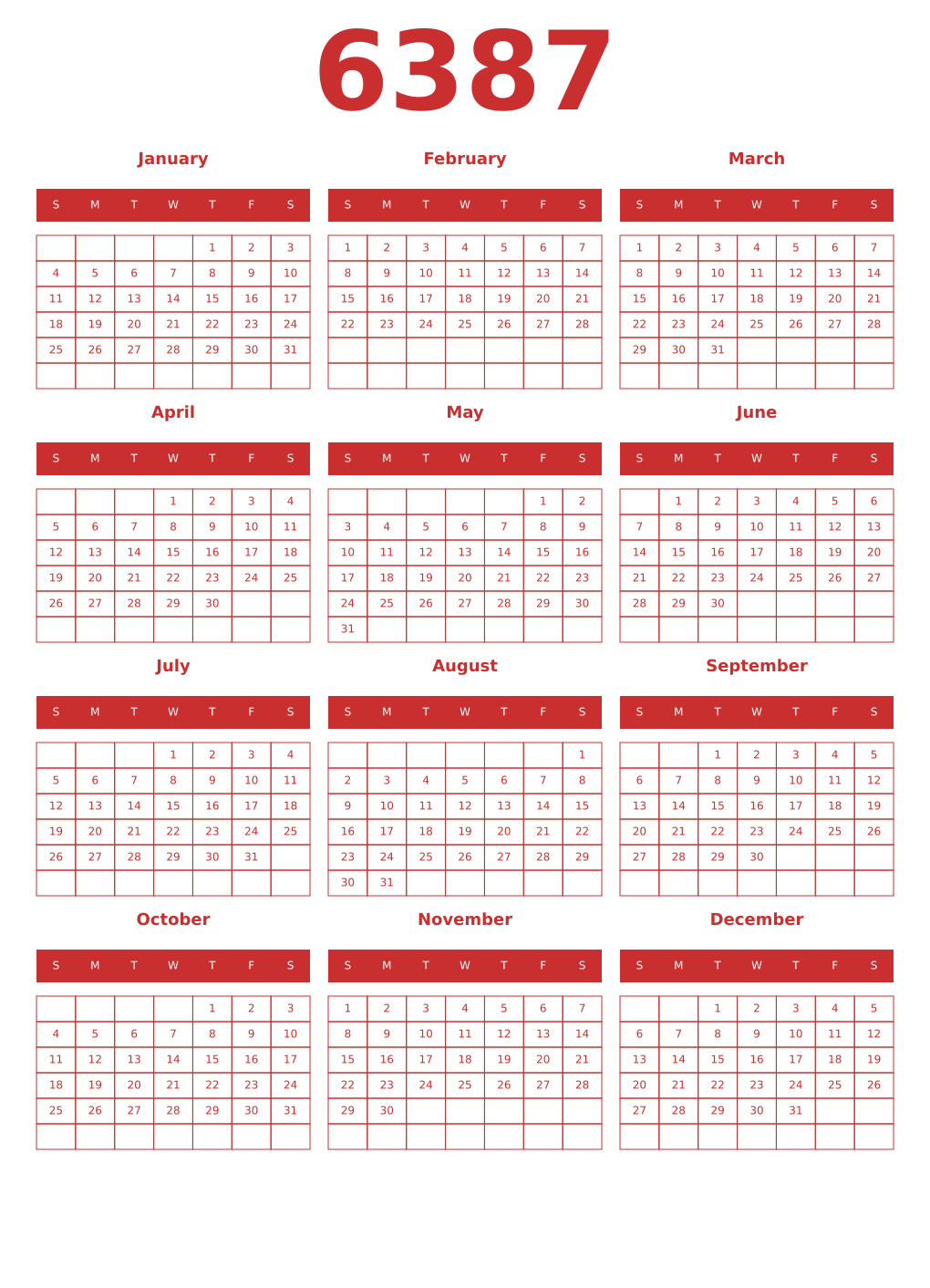 Printable 6387 Year Calendars red