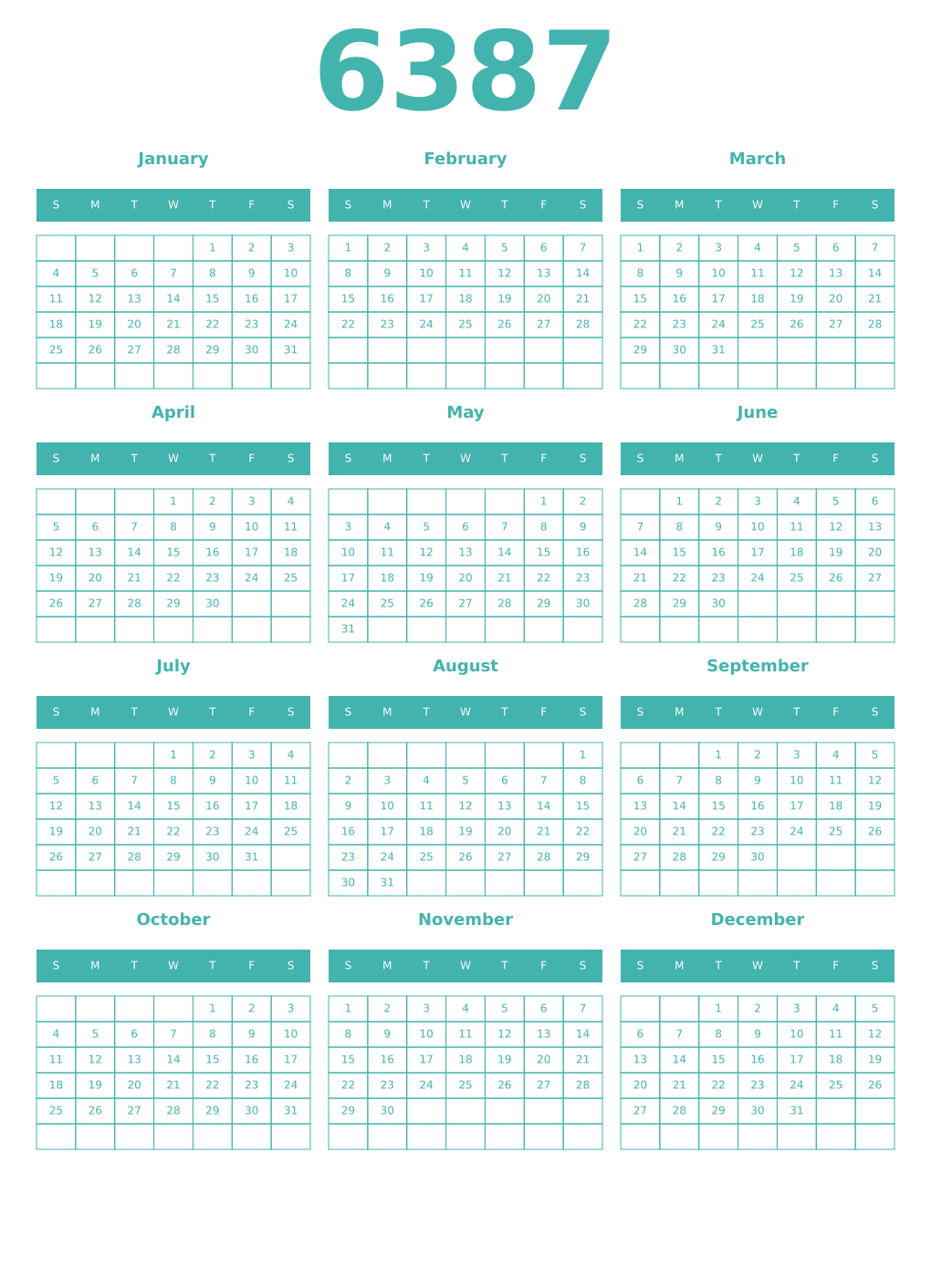 Printable 6387 Year Calendars verdigris