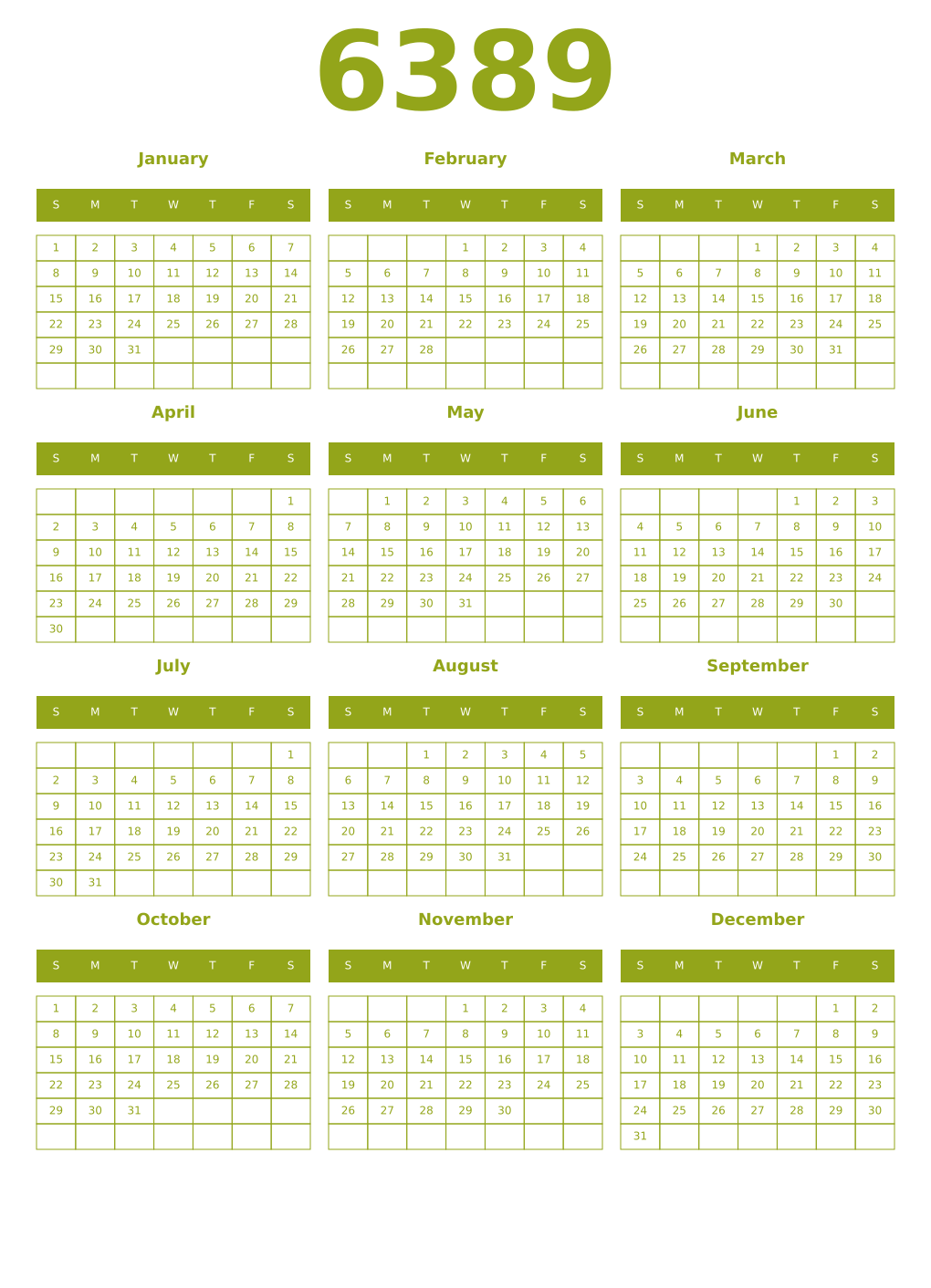 Printable 6389 Year Calendars chartreuse