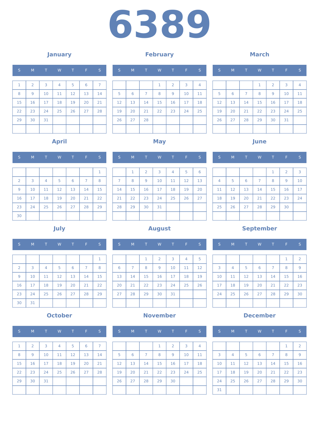 Printable 6389 Year Calendars glaucous