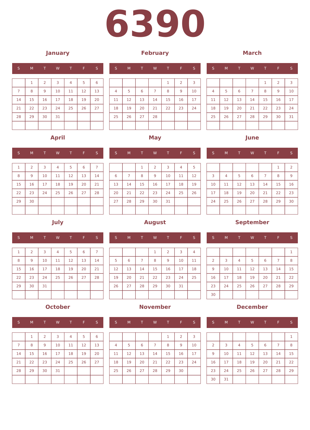 Printable 6390 Year Calendars cordovan