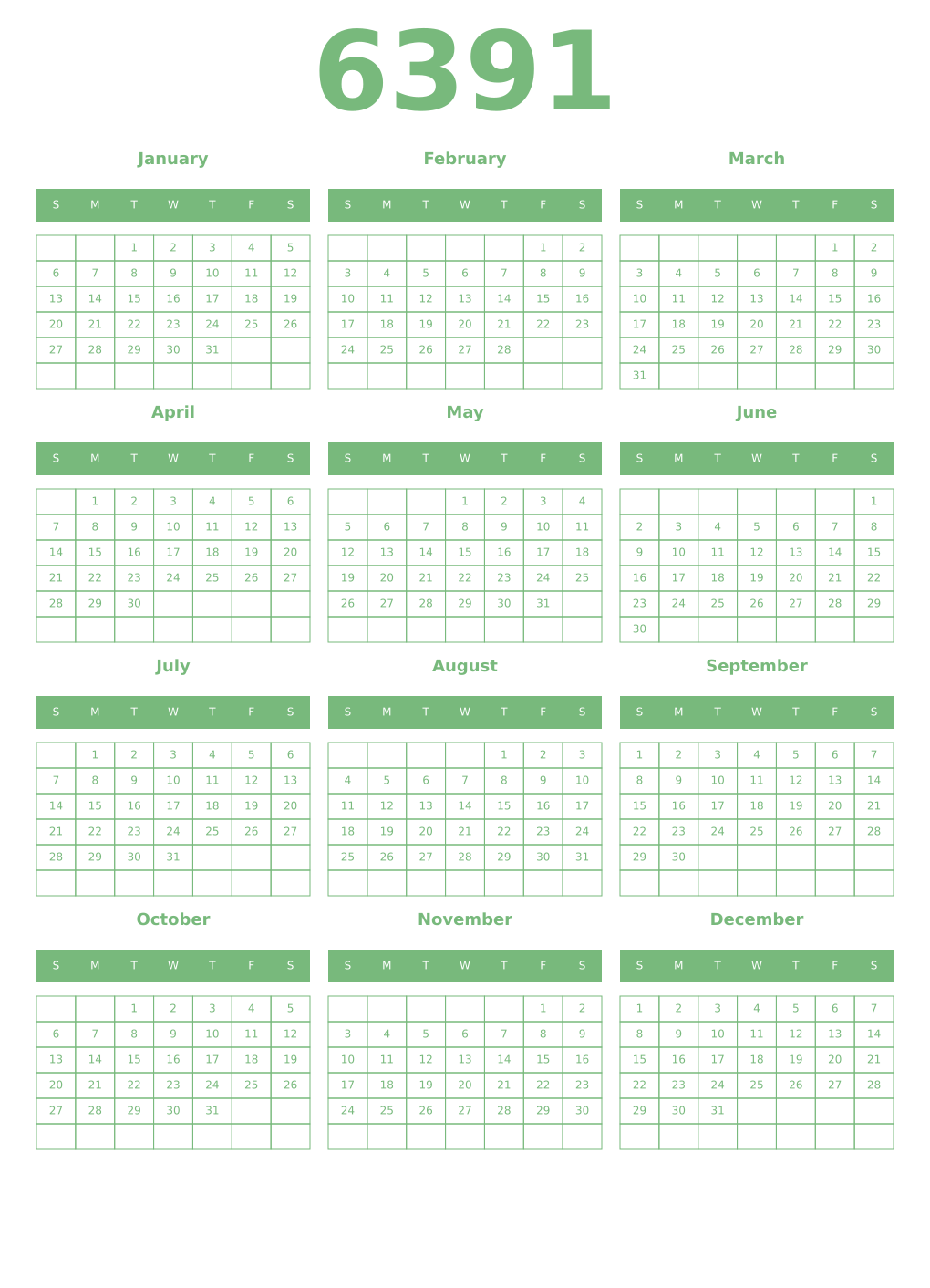 Printable 6391 Year Calendars celadon