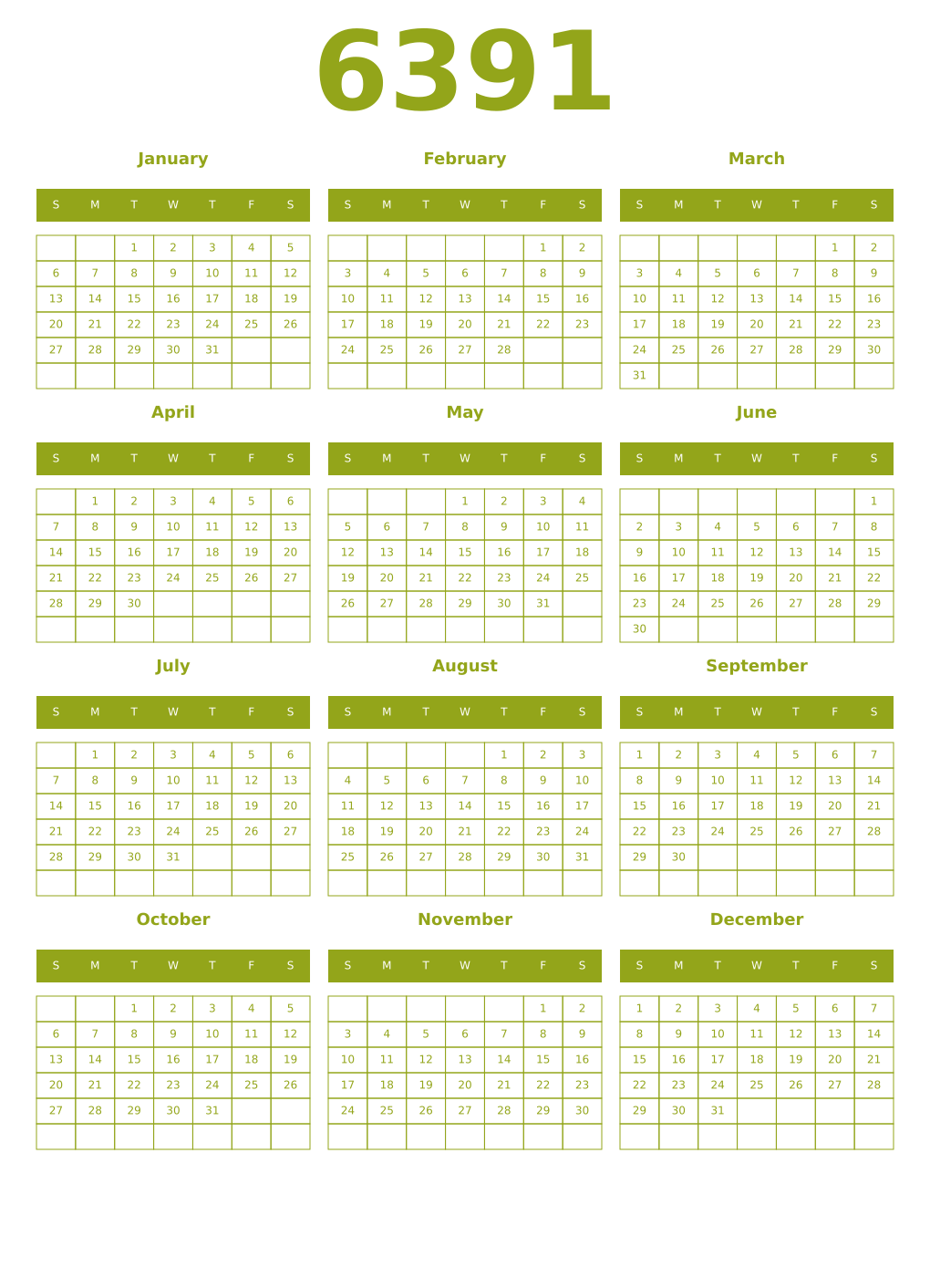 Printable 6391 Year Calendars chartreuse