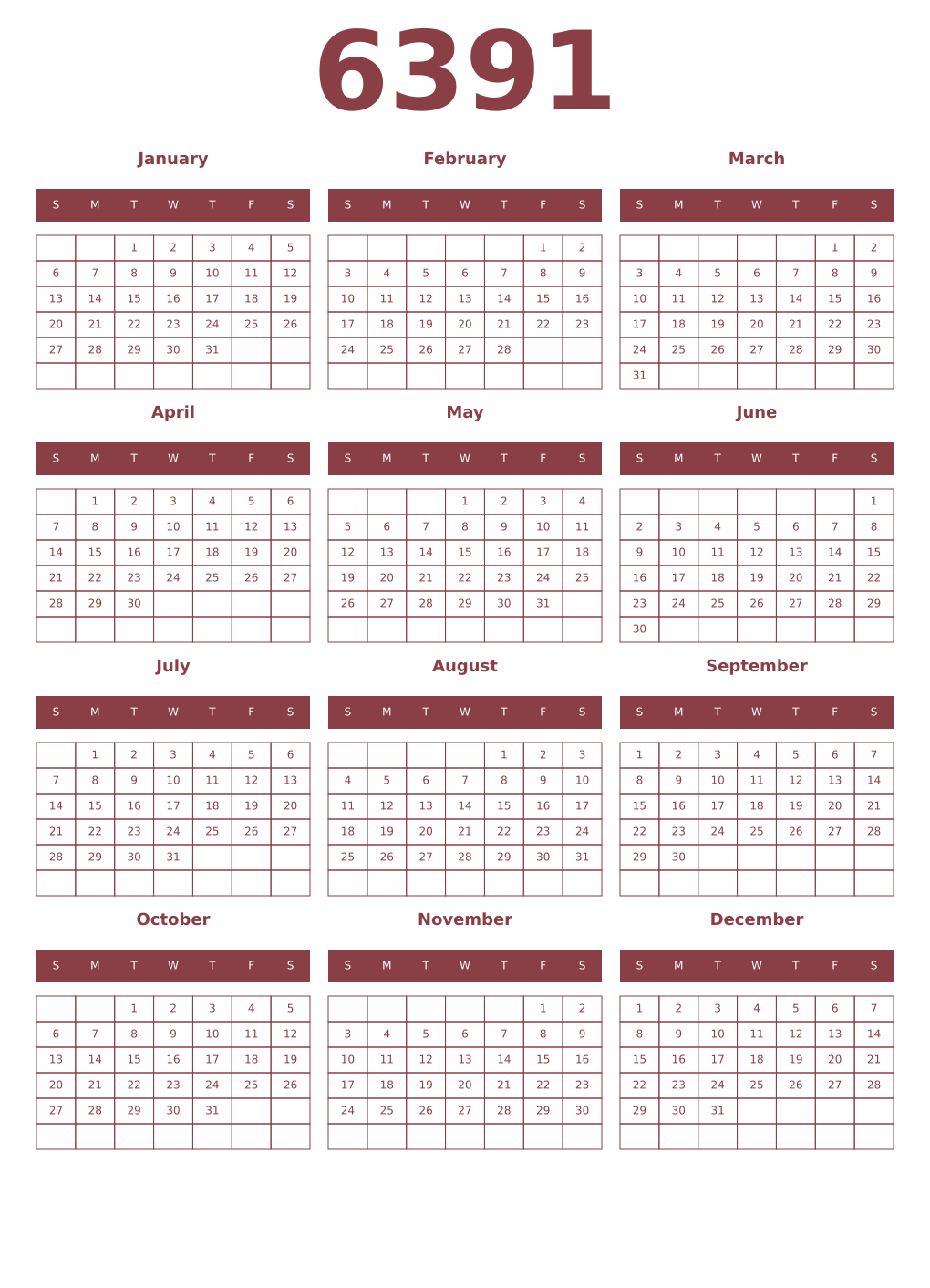 Printable 6391 Year Calendars cordovan