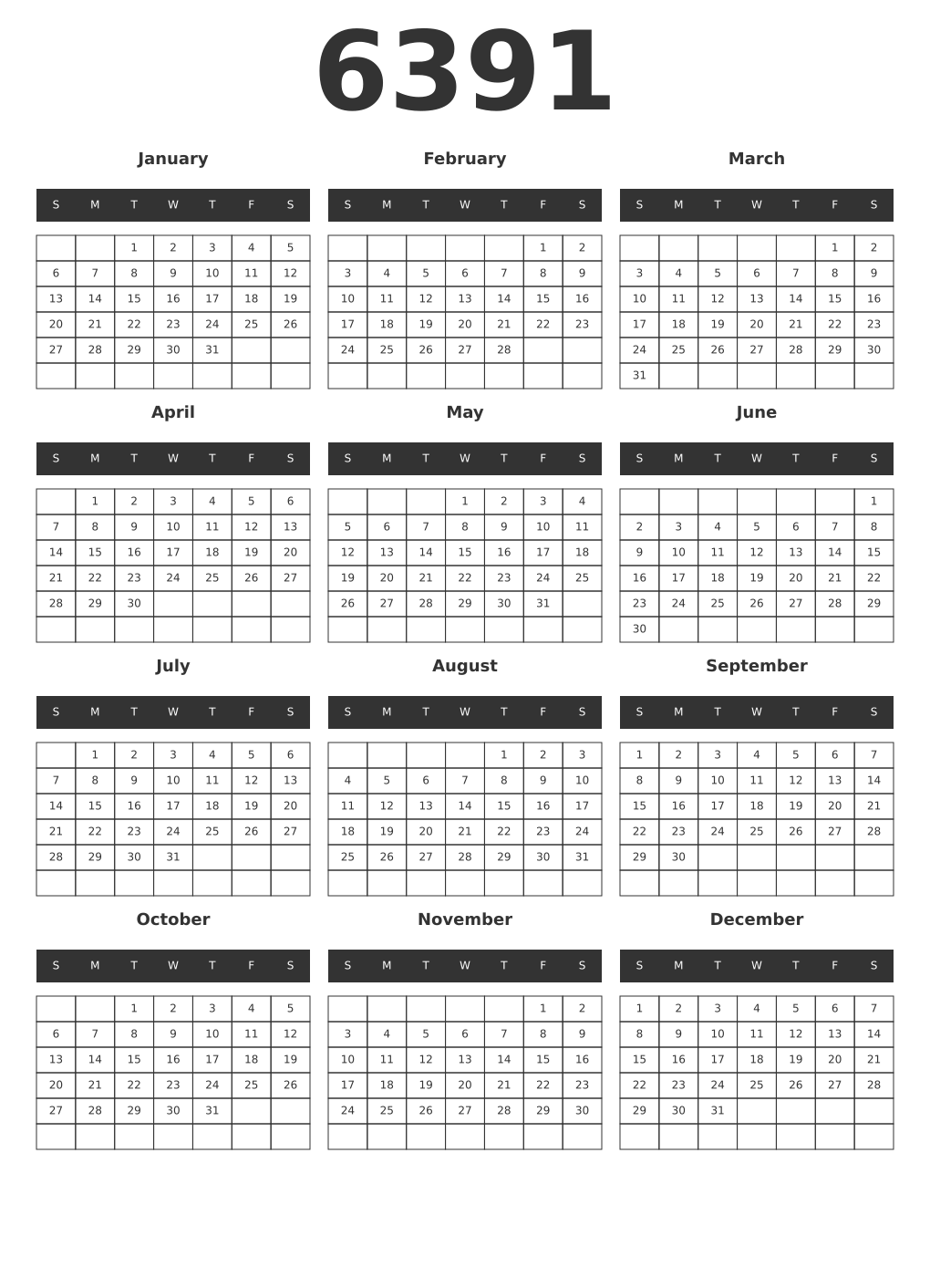 Printable 6391 Year Calendars dark