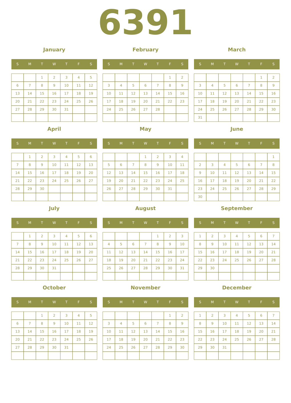 Printable 6391 Year Calendars eburnean