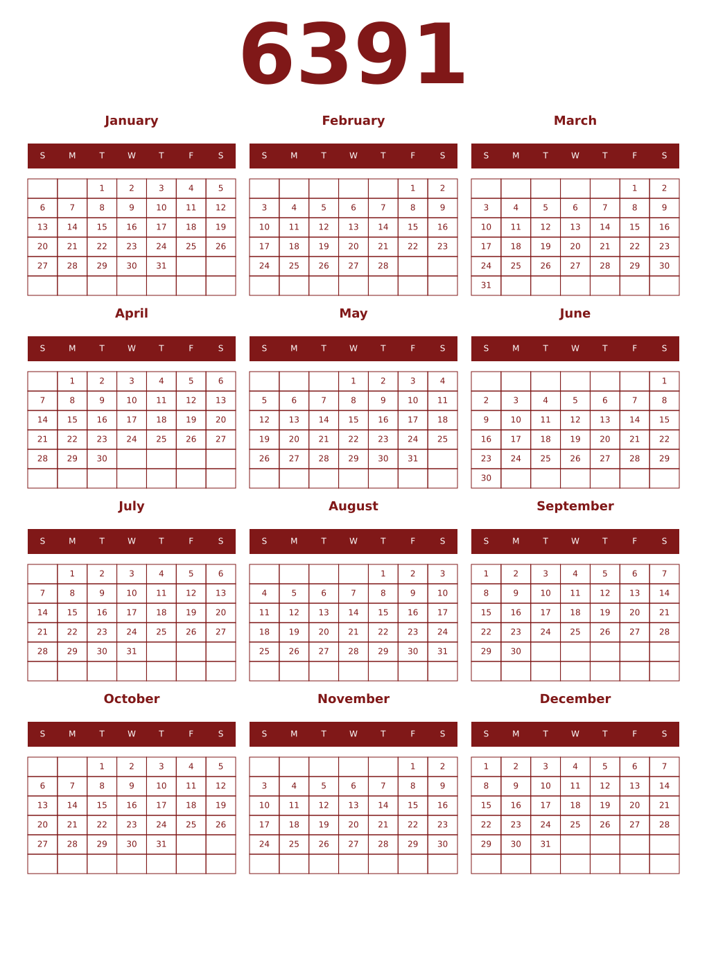 Printable 6391 Year Calendars falu