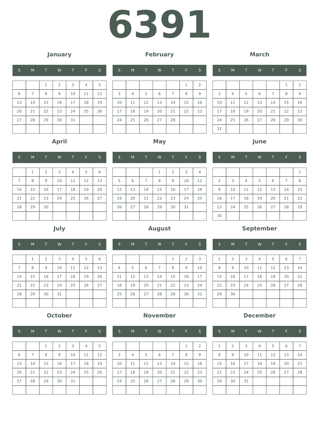 Printable 6391 Year Calendars feldgrau