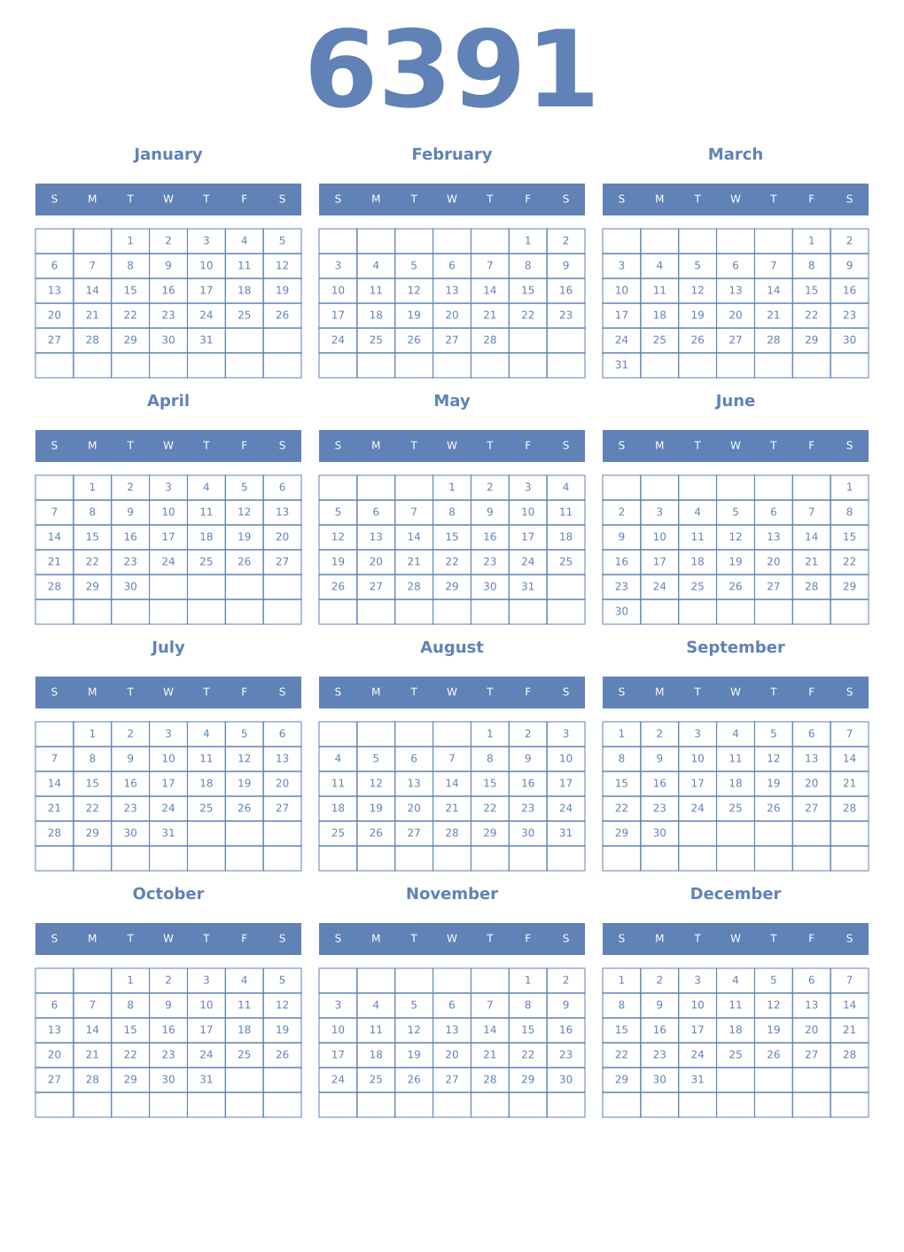 Printable 6391 Year Calendars glaucous