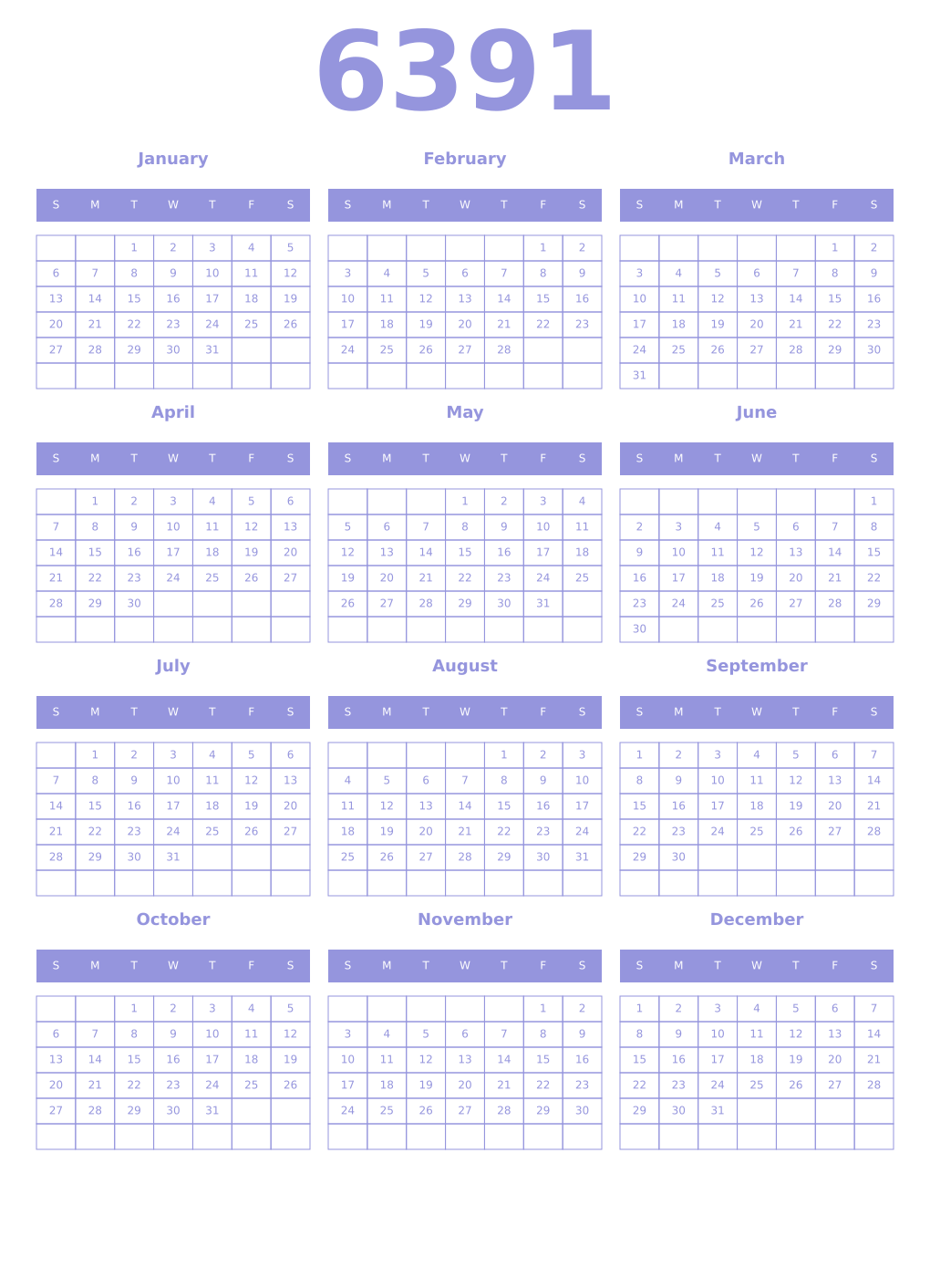 Printable 6391 Year Calendars periwinkle