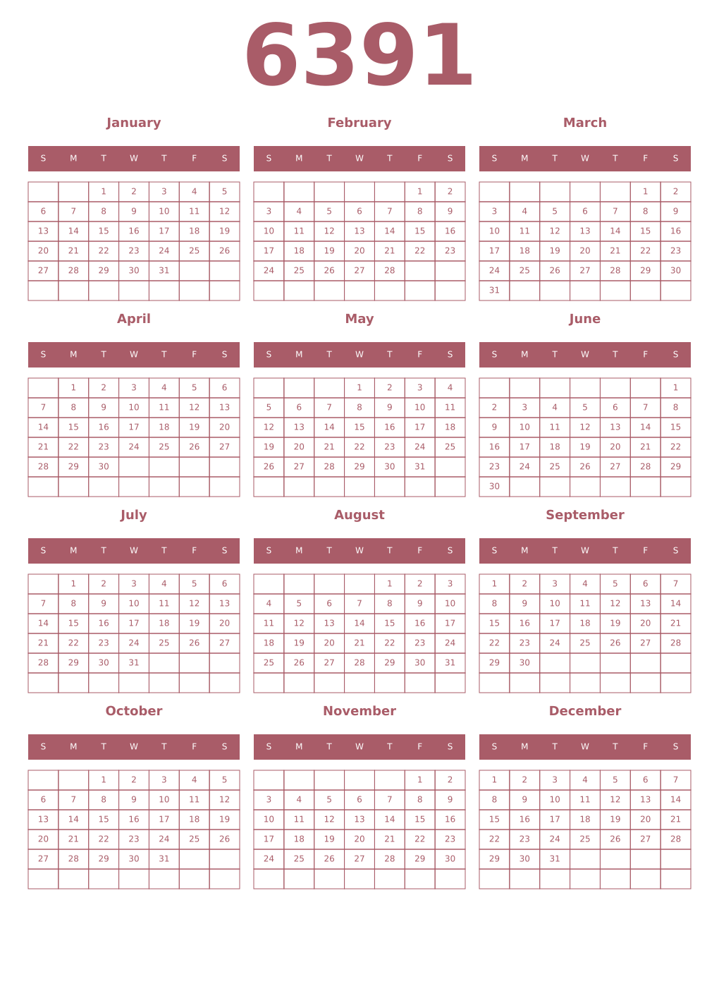 Printable 6391 Year Calendars puce