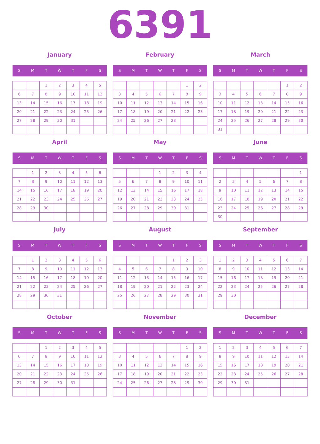 Printable 6391 Year Calendars purple