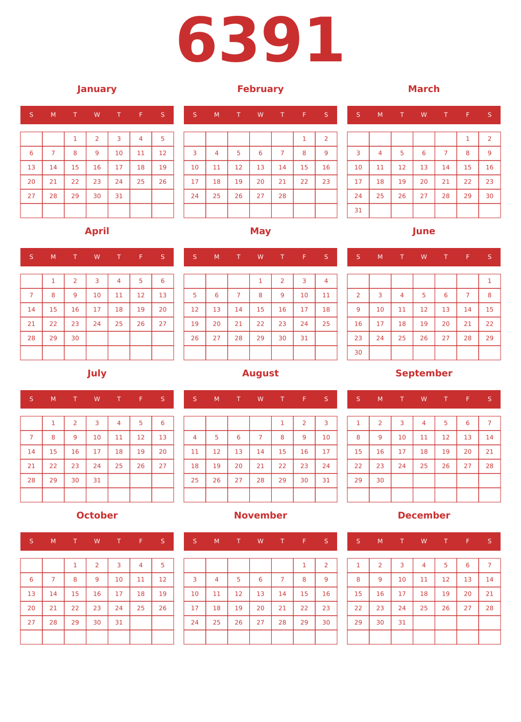 Printable 6391 Year Calendars red