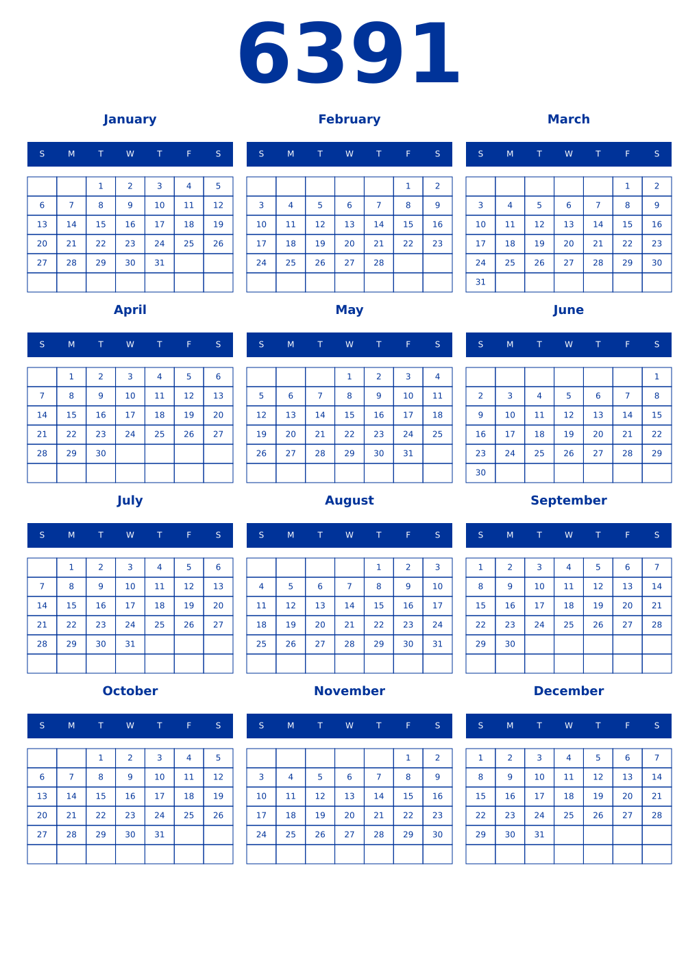 Printable 6391 Year Calendars smalt