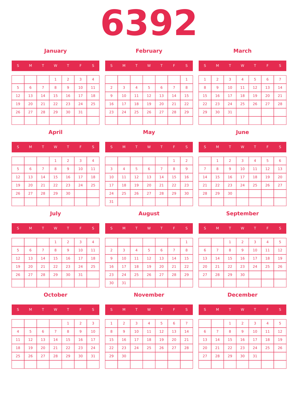 Printable 6392 Year Calendars amaranth
