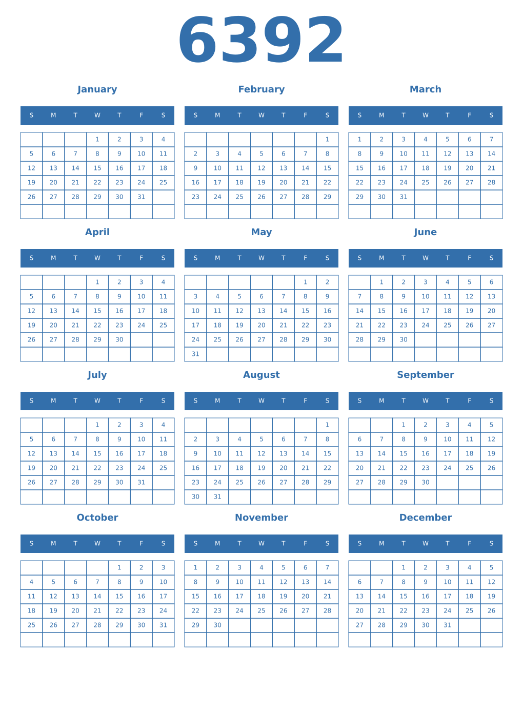 Printable 6392 Year Calendars blue