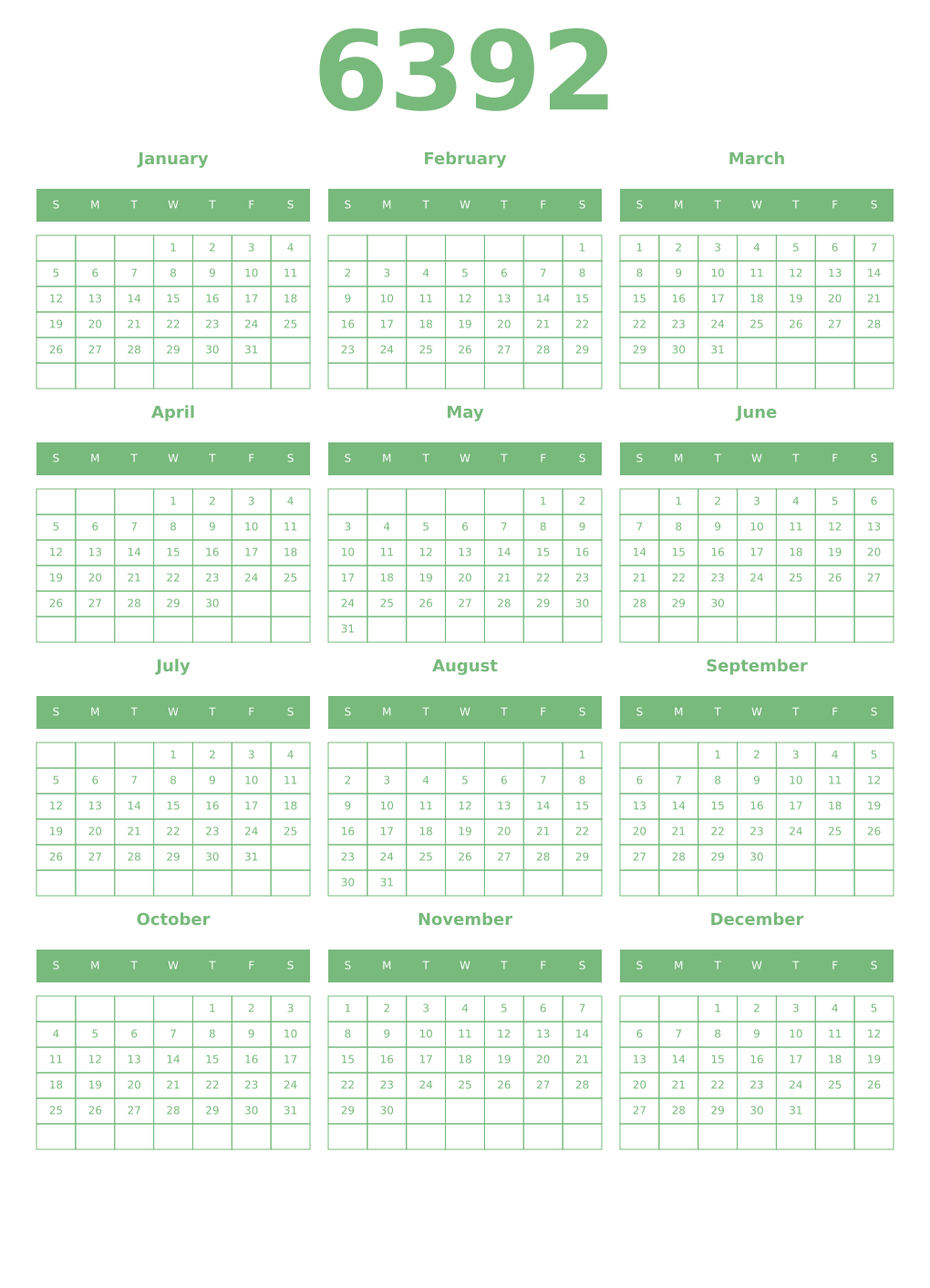 Printable 6392 Year Calendars celadon