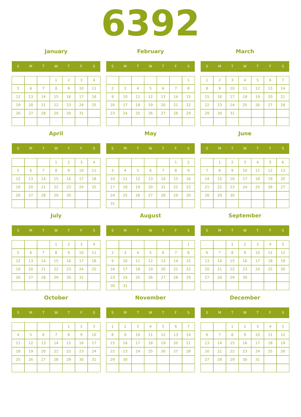 Printable 6392 Year Calendars chartreuse