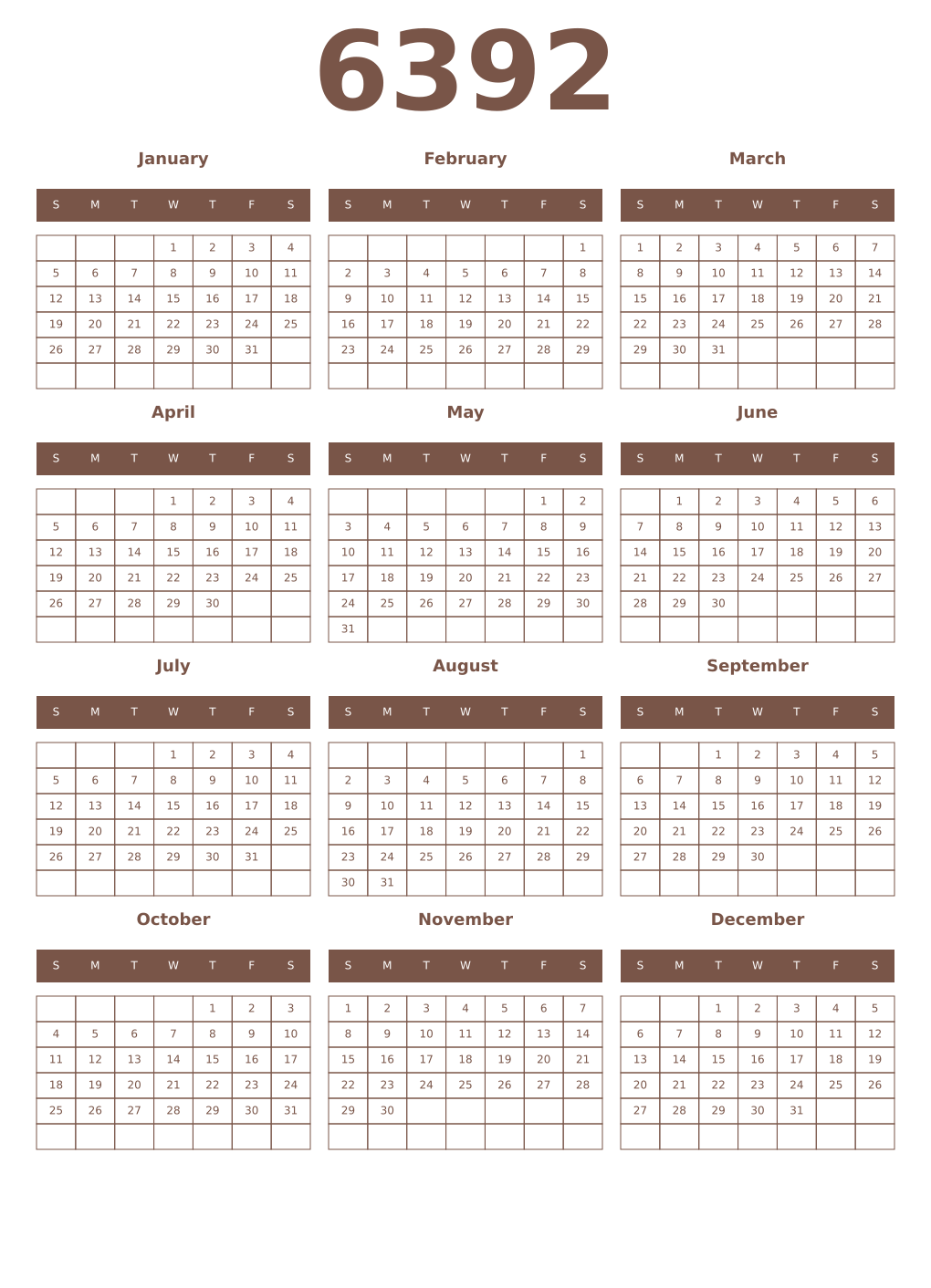 Printable 6392 Year Calendars coffe