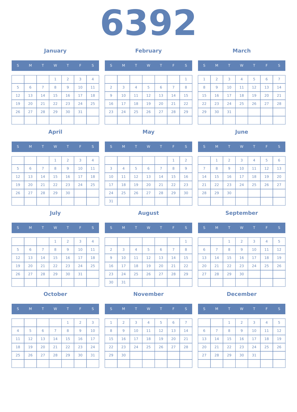 Printable 6392 Year Calendars glaucous