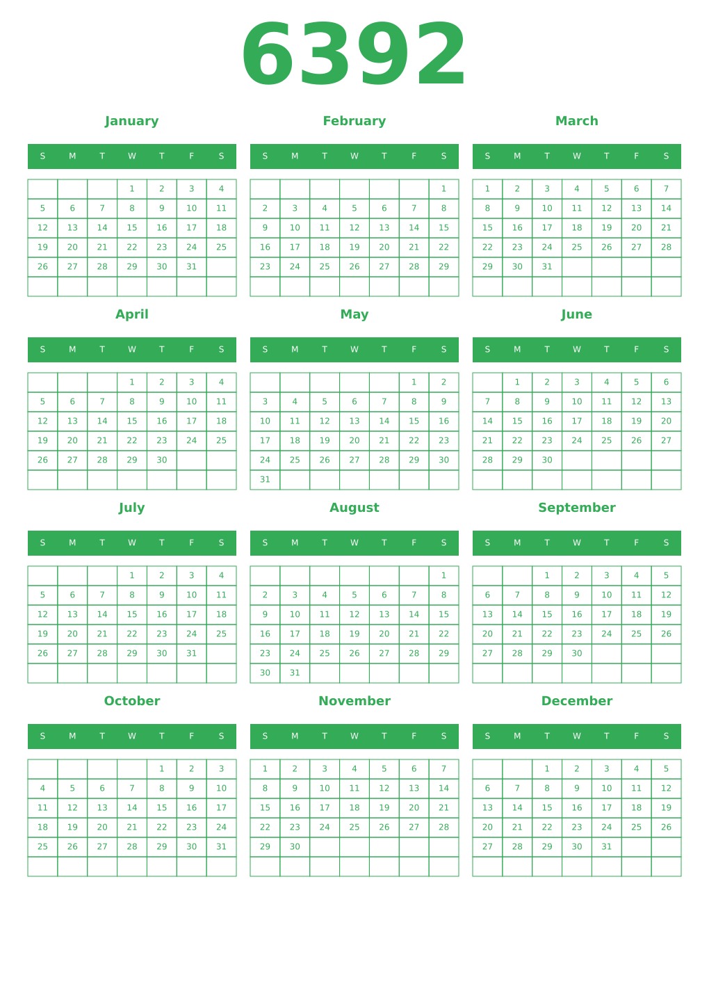 Printable 6392 Year Calendars green