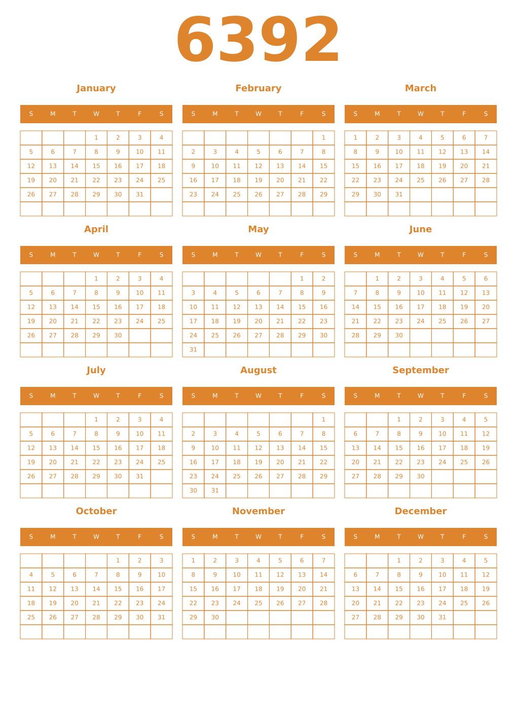 Printable 6392 Year Calendars orange