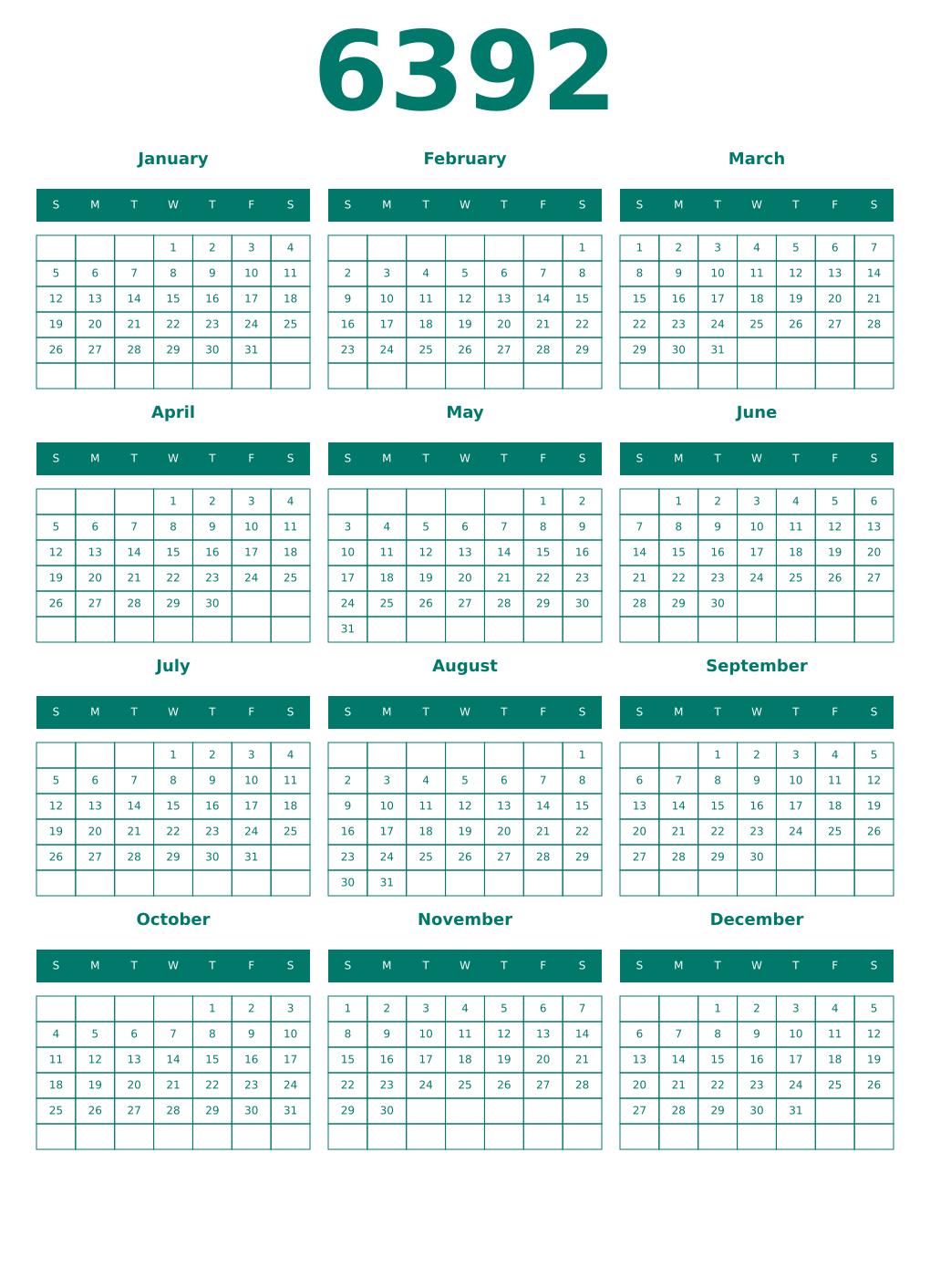 Printable 6392 Year Calendars pastel