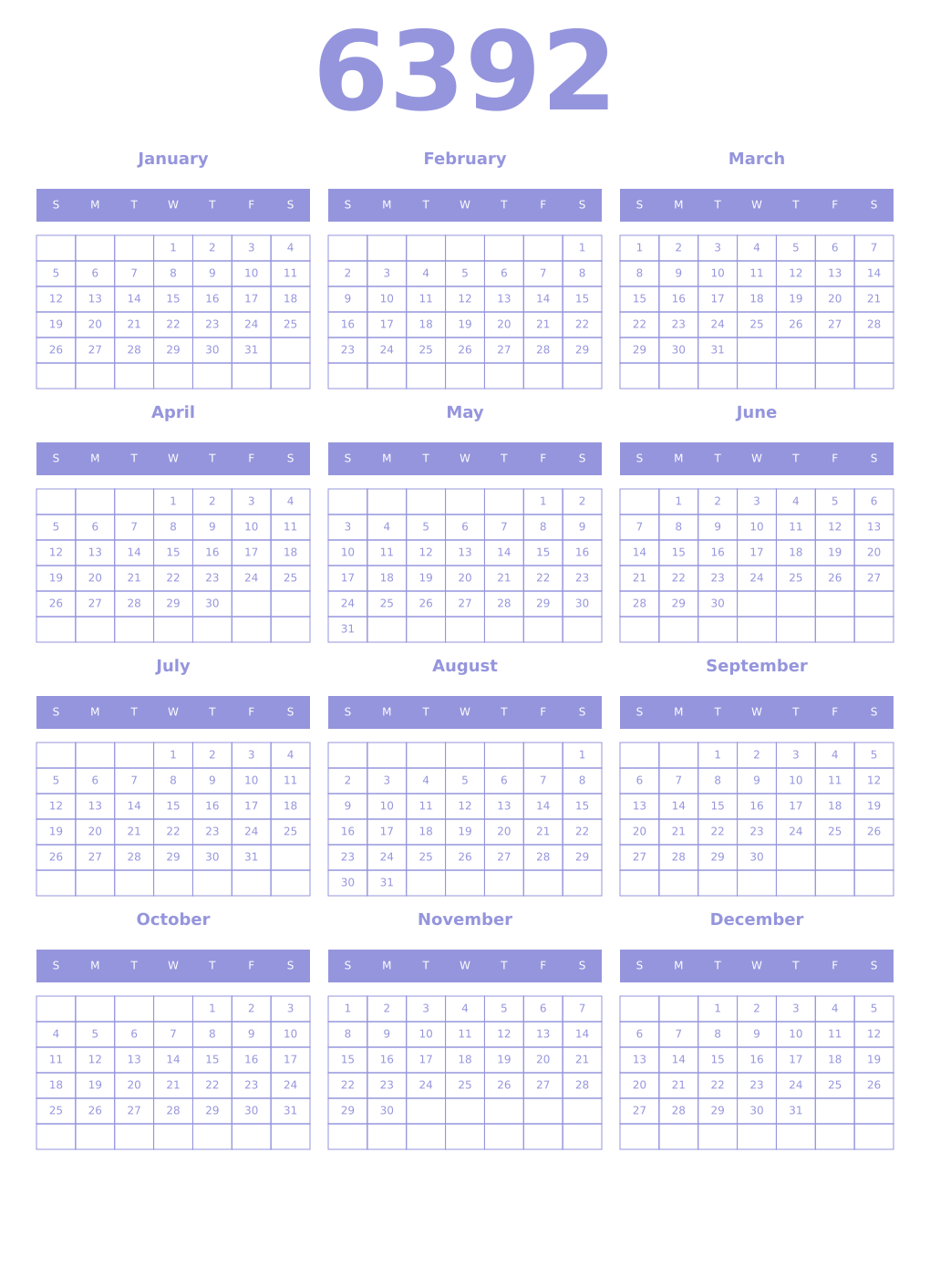 Printable 6392 Year Calendars periwinkle