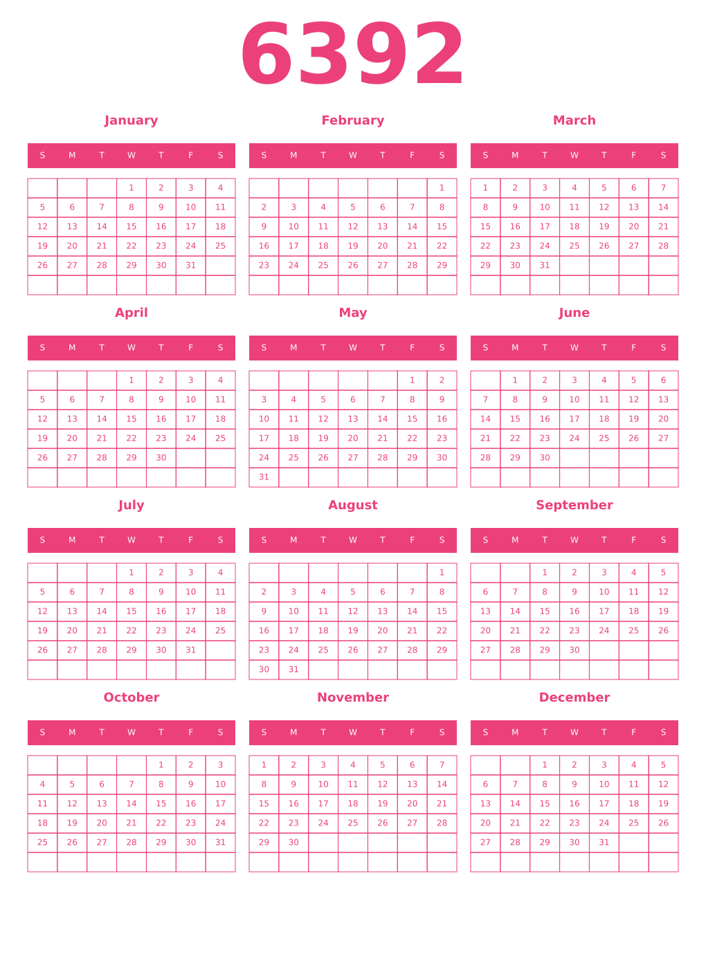 Printable 6392 Year Calendars pink