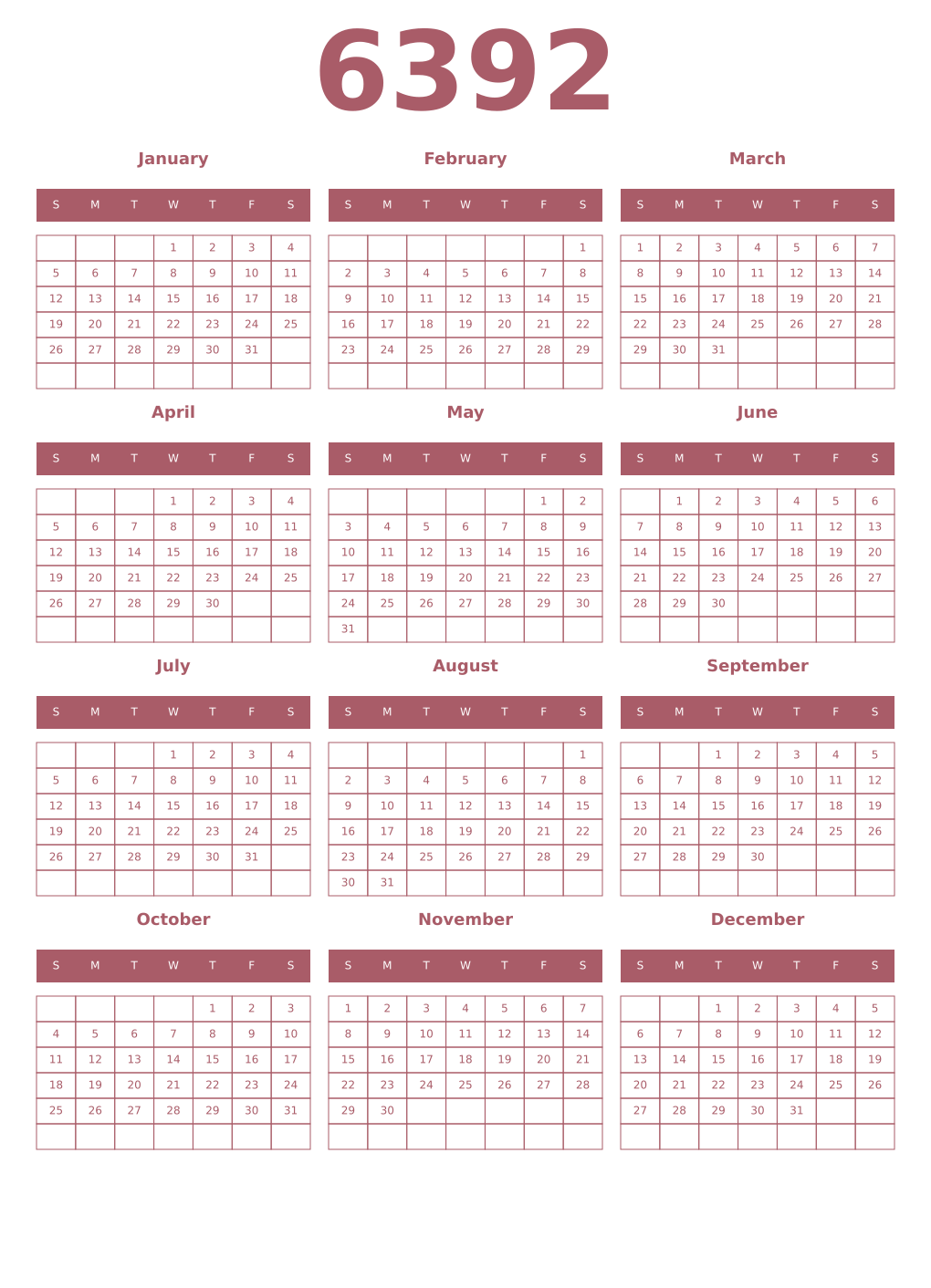 Printable 6392 Year Calendars puce