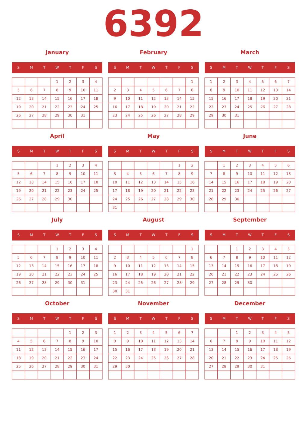 Printable 6392 Year Calendars red
