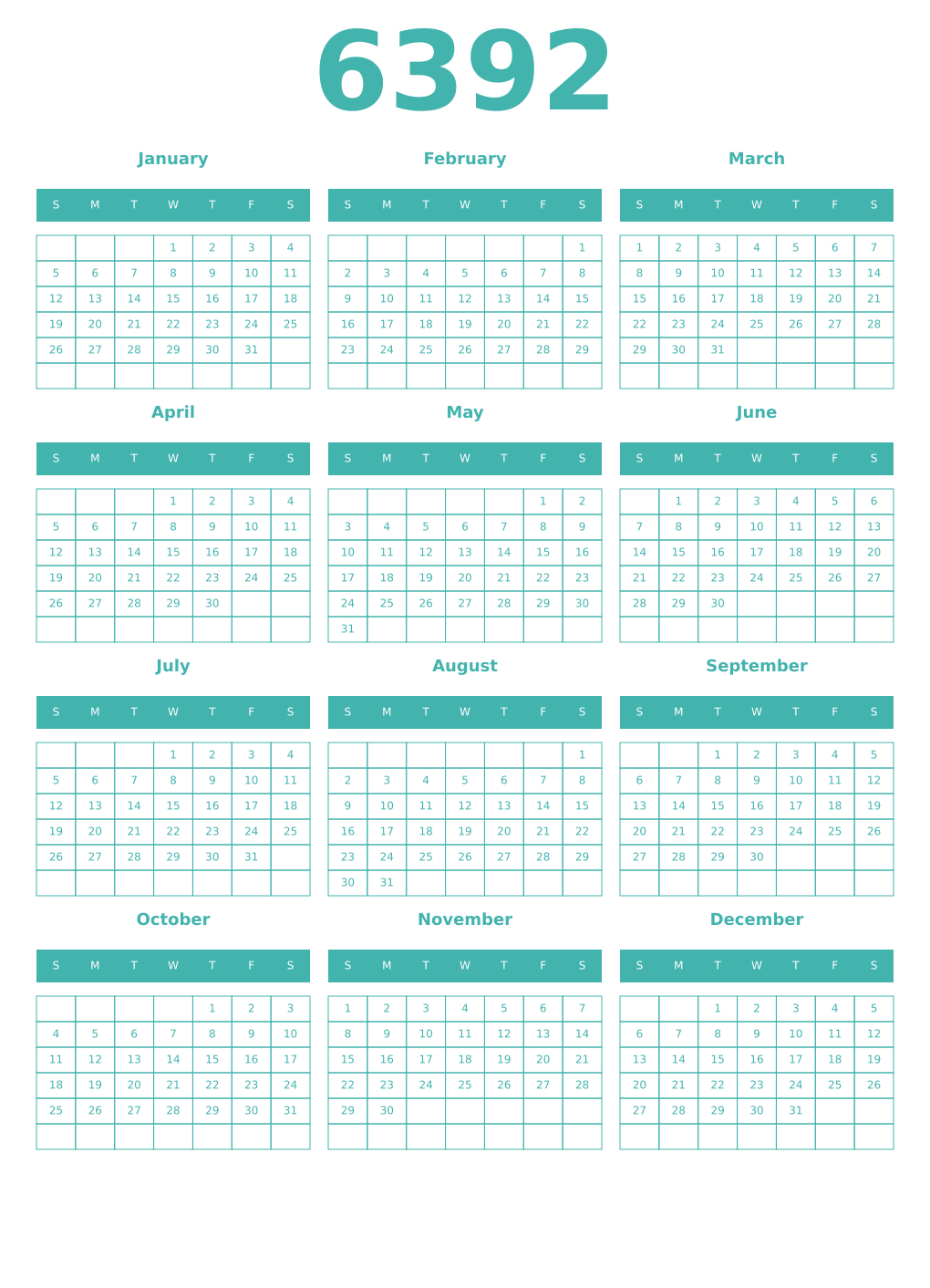 Printable 6392 Year Calendars verdigris