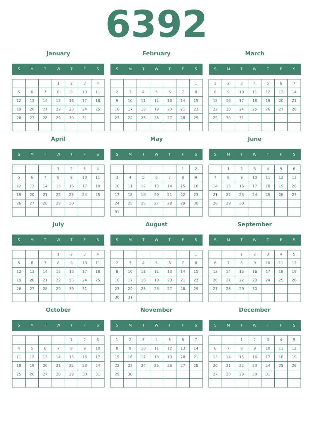 Printable 6392 Year Calendars viridian