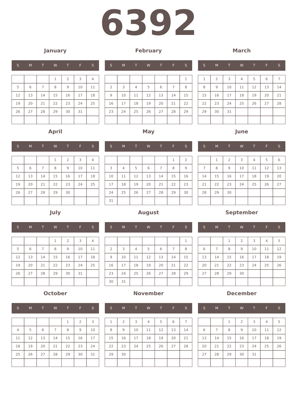 Printable 6392 Year Calendars wenge