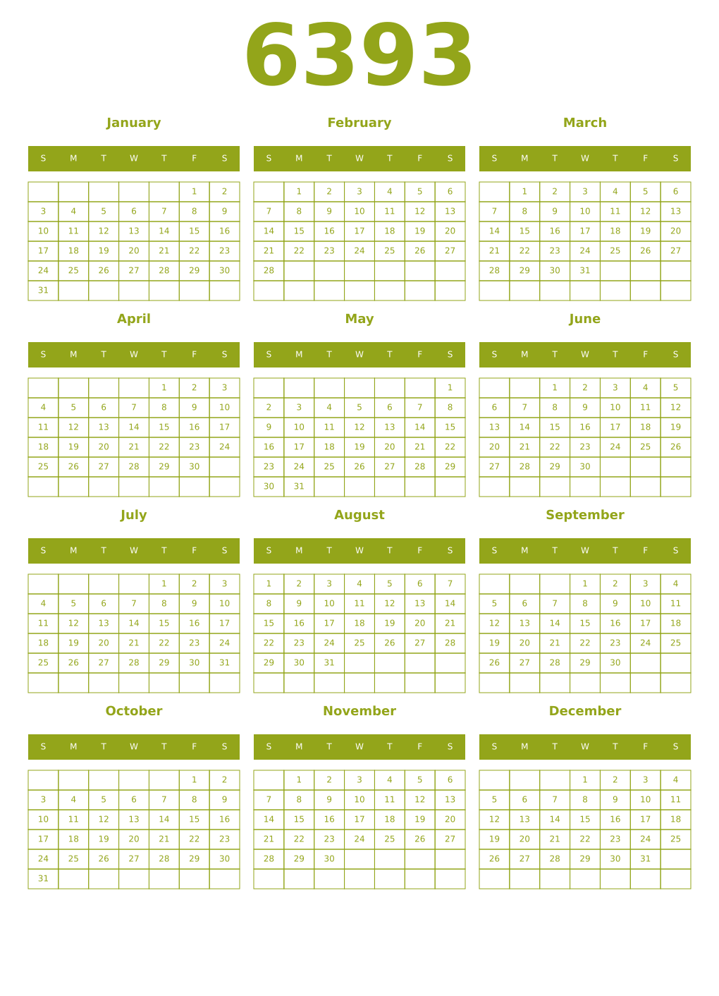 Printable 6393 Year Calendars chartreuse