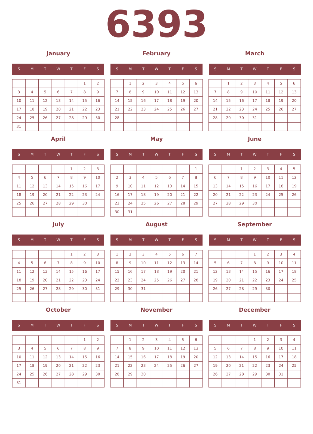 Printable 6393 Year Calendars cordovan