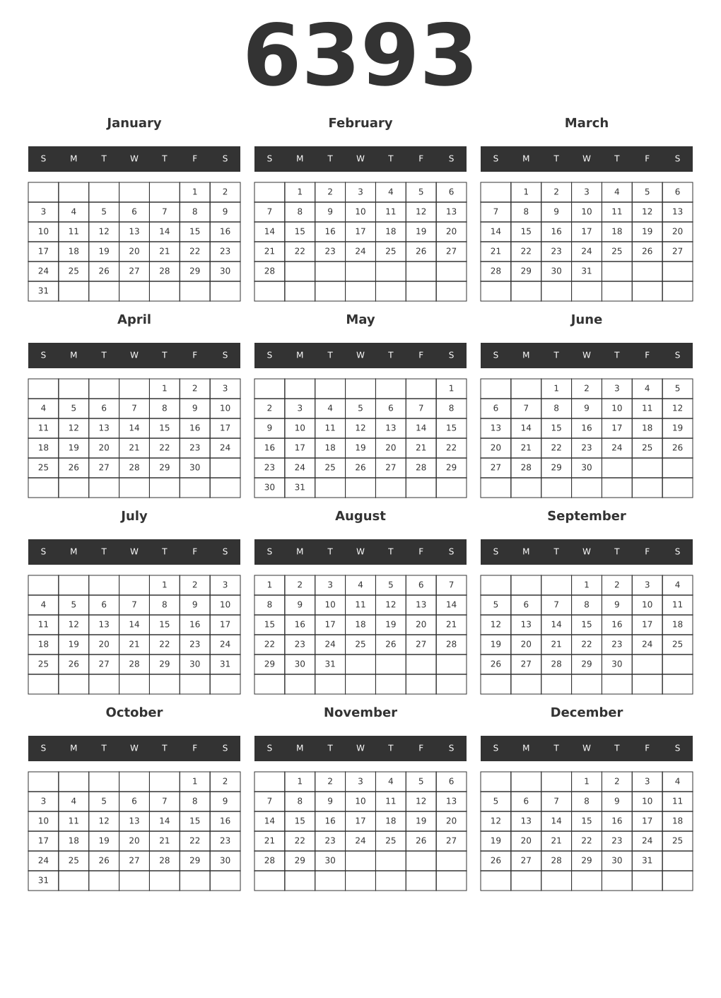 Printable 6393 Year Calendars dark