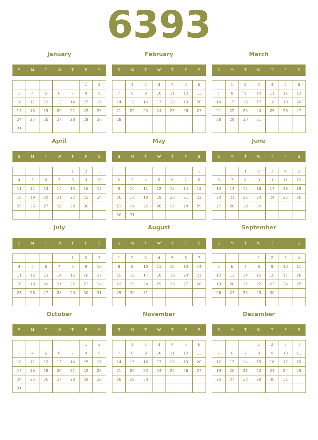 Printable 6393 Year Calendars eburnean