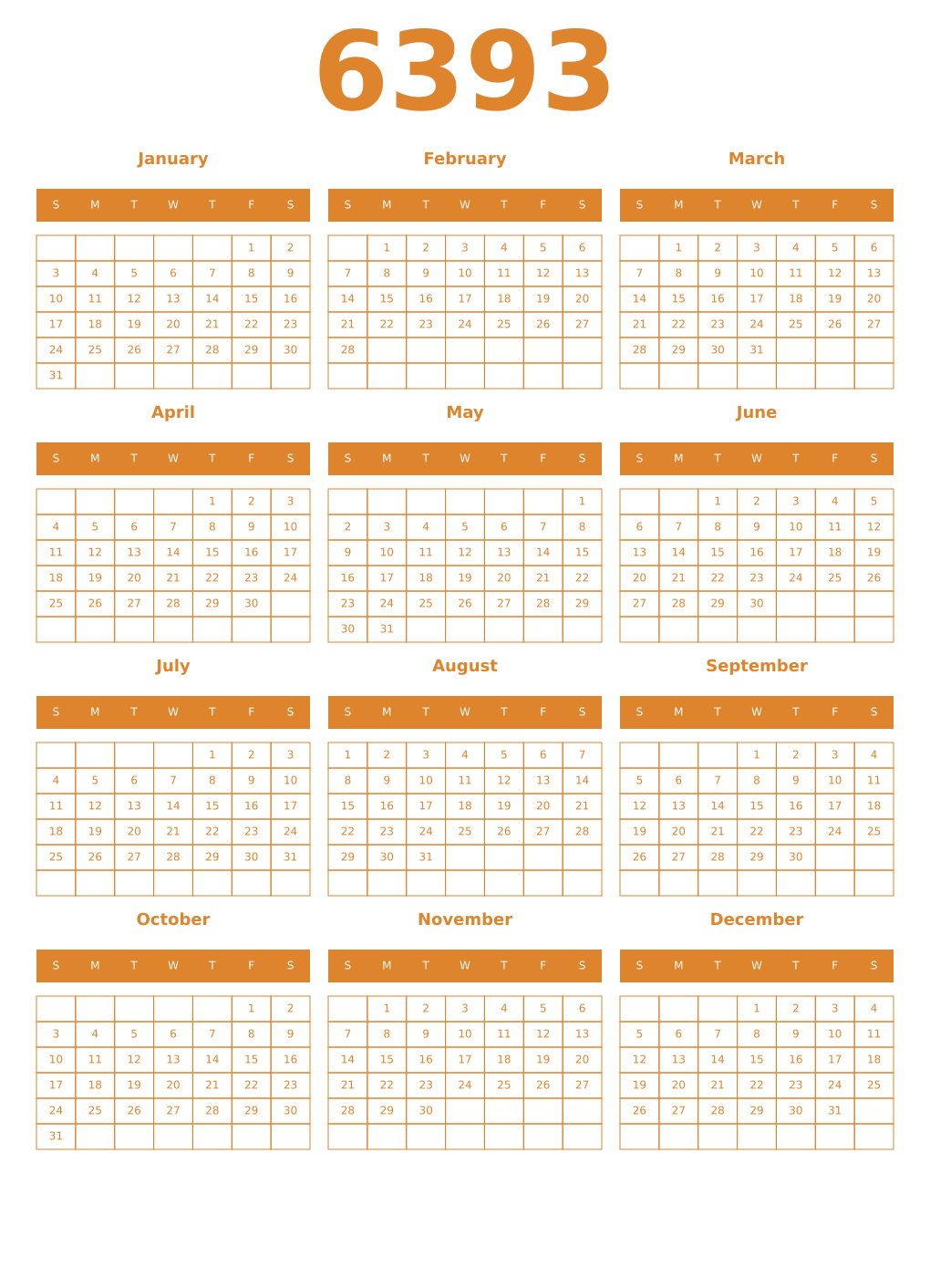 Printable 6393 Year Calendars orange