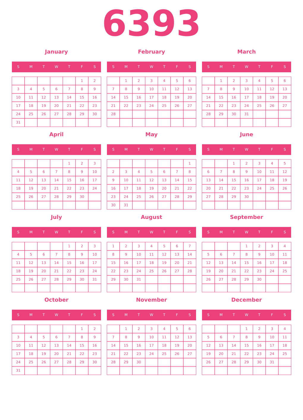 Printable 6393 Year Calendars pink