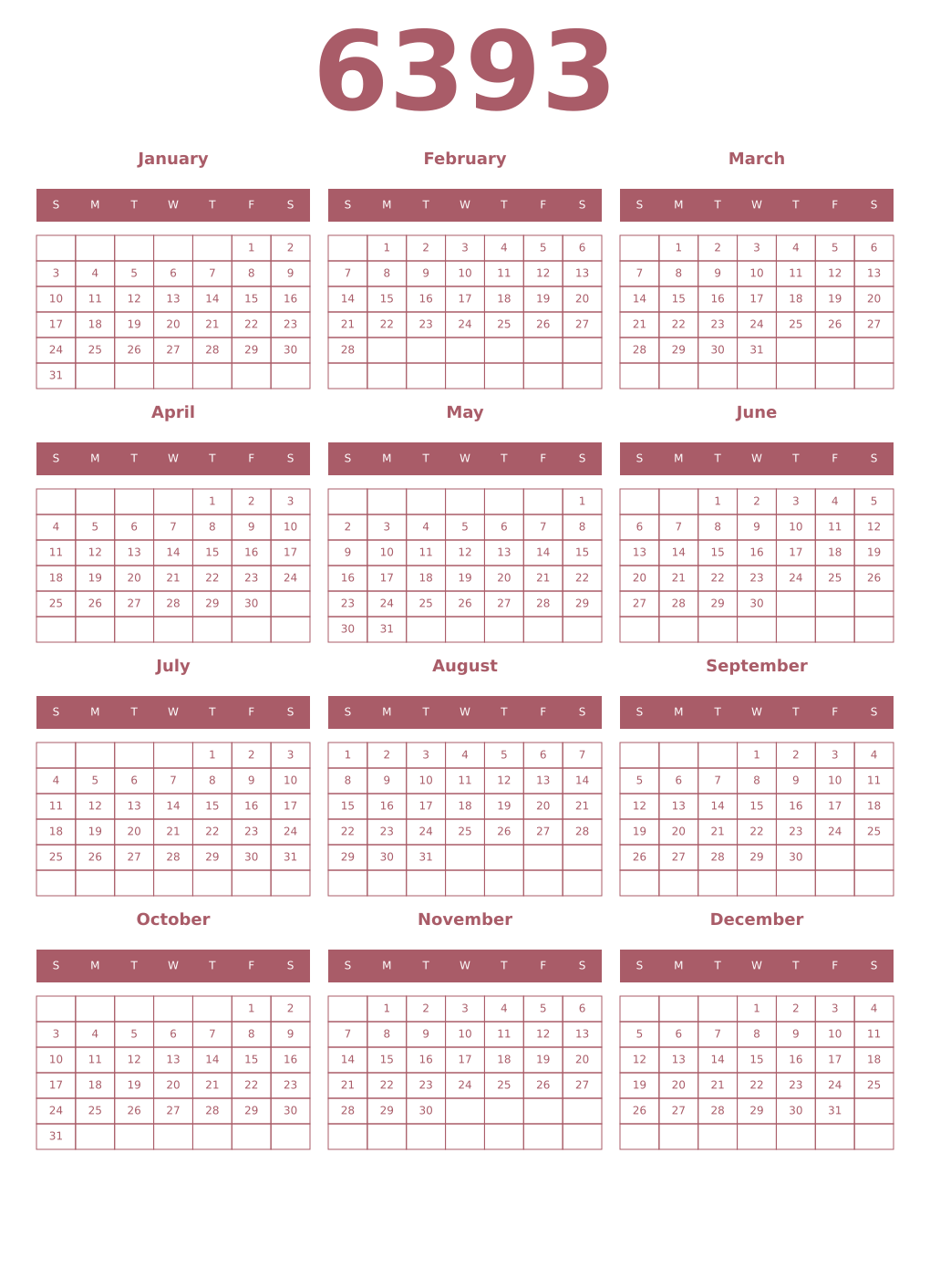 Printable 6393 Year Calendars puce