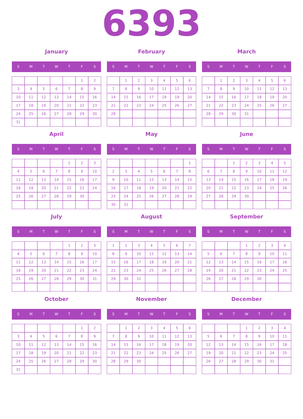 Printable 6393 Year Calendars purple