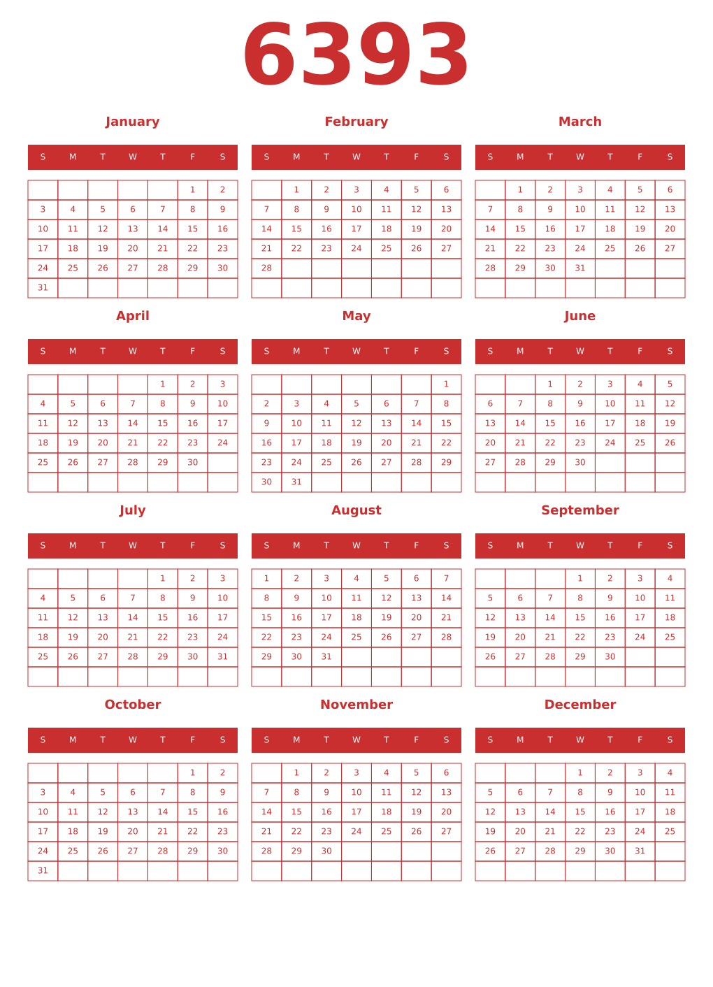 Printable 6393 Year Calendars red