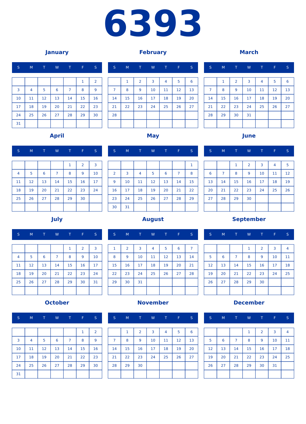 Printable 6393 Year Calendars smalt