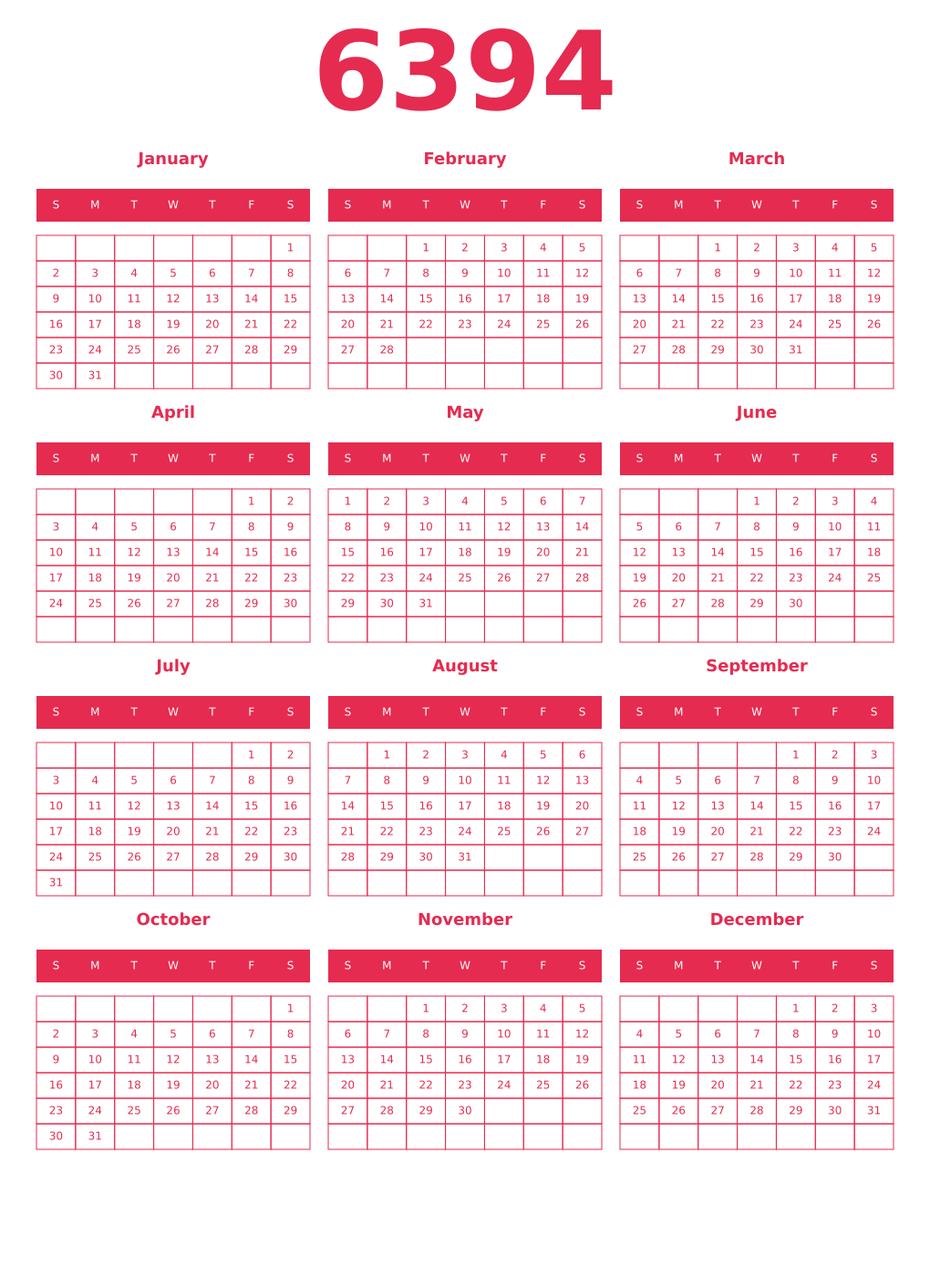 Printable 6394 Year Calendars amaranth