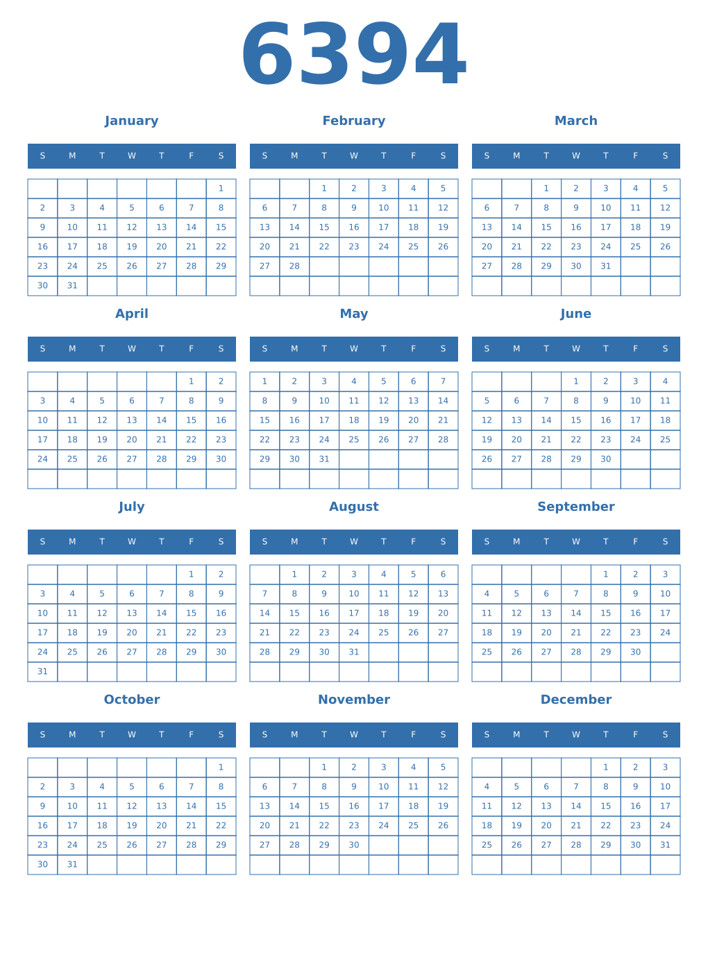 Printable 6394 Year Calendars blue