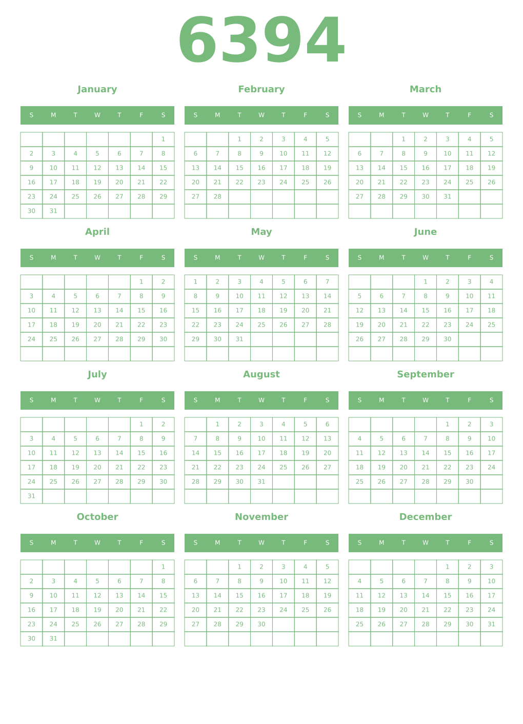 Printable 6394 Year Calendars celadon