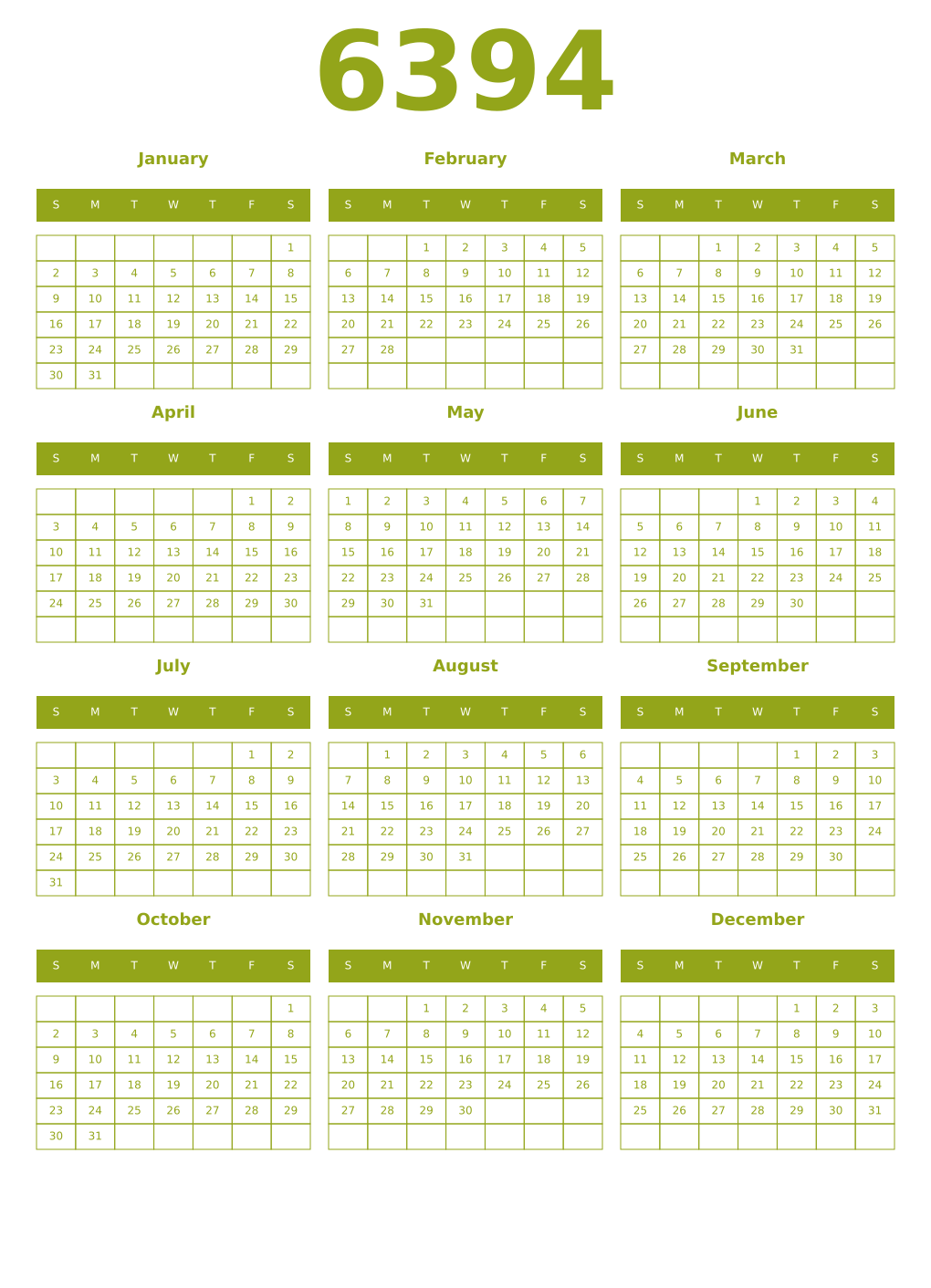 Printable 6394 Year Calendars chartreuse