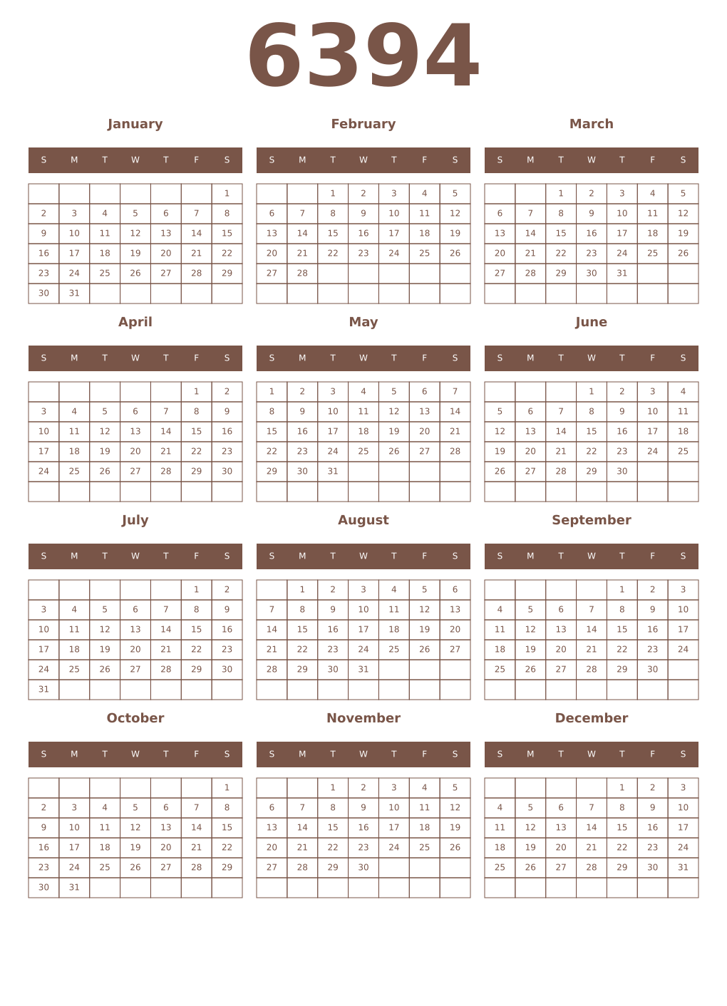 Printable 6394 Year Calendars coffe